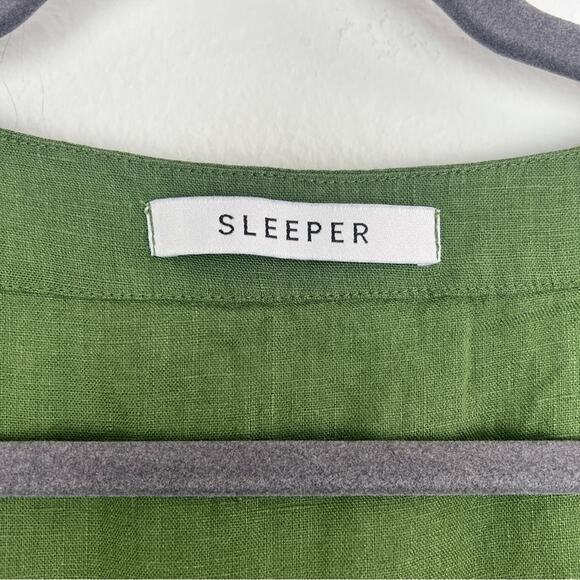 Sleeper | Brigitte 100% Linen Mini Dress Puff Sleeves Button Down Olive Green S - Picture 6 of 9